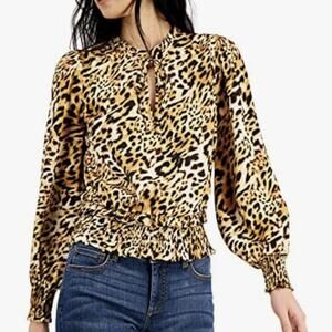 INC International Concepts Womens Blouse S Leopard Print Smocked Hem Mob Wife